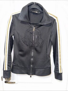 Moncler Black Zip Jacket with Gold & White Sleeve Stripes
